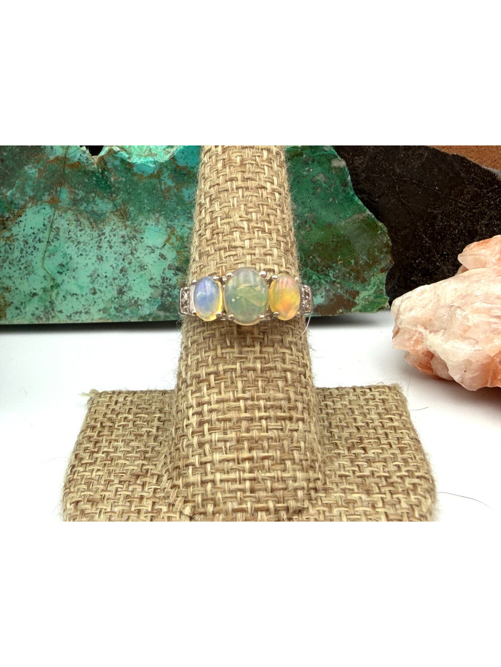 Three Stone Oval Cabochon Opals Stamped 925 Sterling Silver Ring